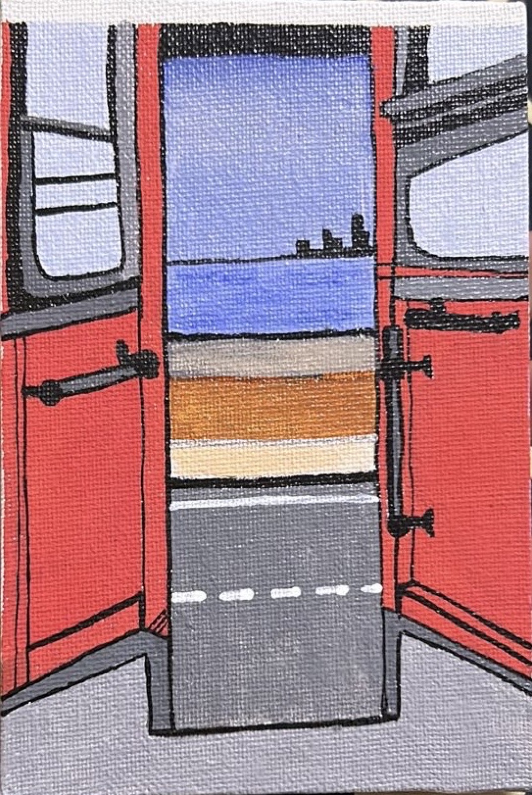 Small acrylic painting of a road and distant skyline seen between a van's open rear doors